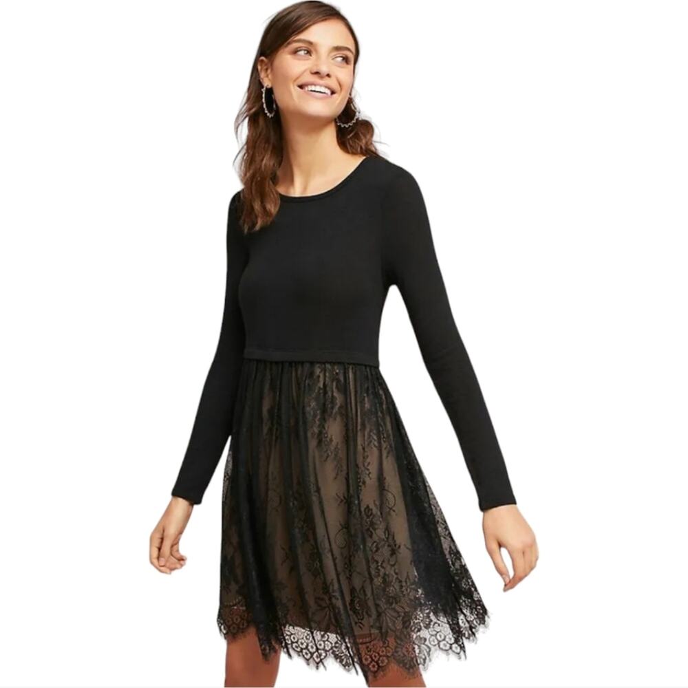 Anthropologie Black Long Sleeve Lace Dress